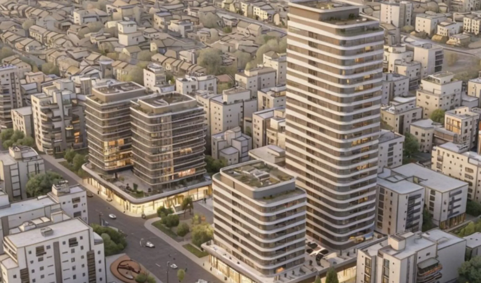 הדמיית מתחם בלקינד לבונטין, ראשון לציון - מבט אווירי על מגדלי המגורים