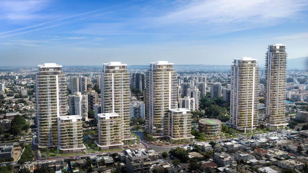 הדמיית מתחם דוד המלך משעול שמשון, קרית גת - מבט אווירי על מגדלי המגורים החדשים